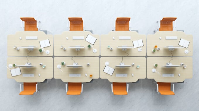 aerial view of modern office desk grouping