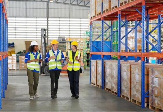 Three individuals walking through a warehouse wearing reflective vests.