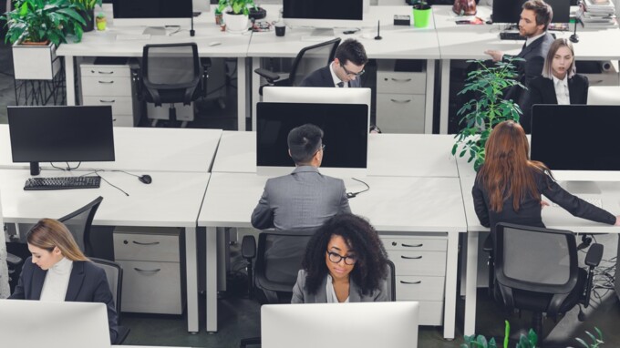 Overhead view of a corporate office with cubicles
