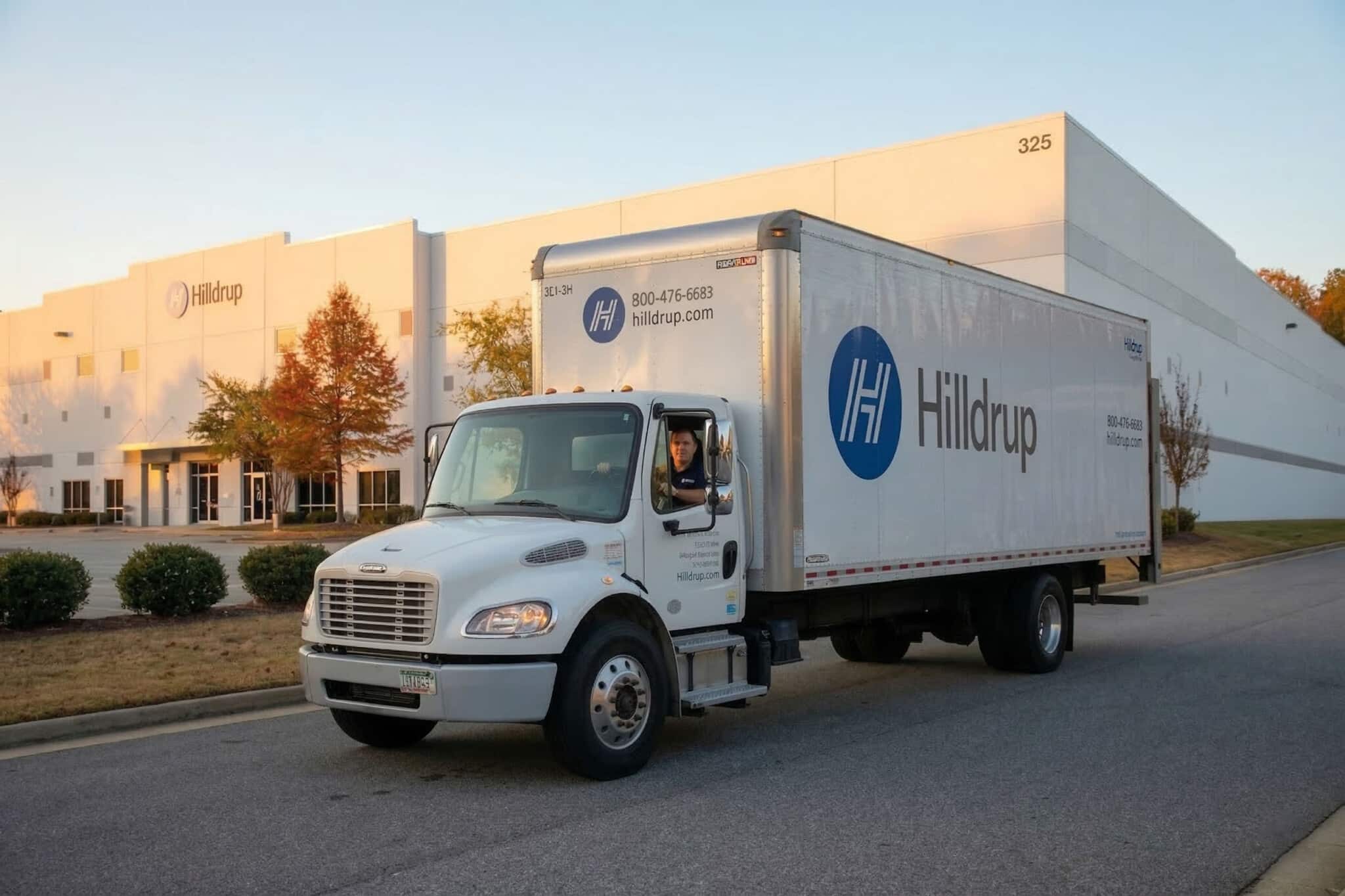 Straight truck leaving Hilldrup's warehouse in Atlanta