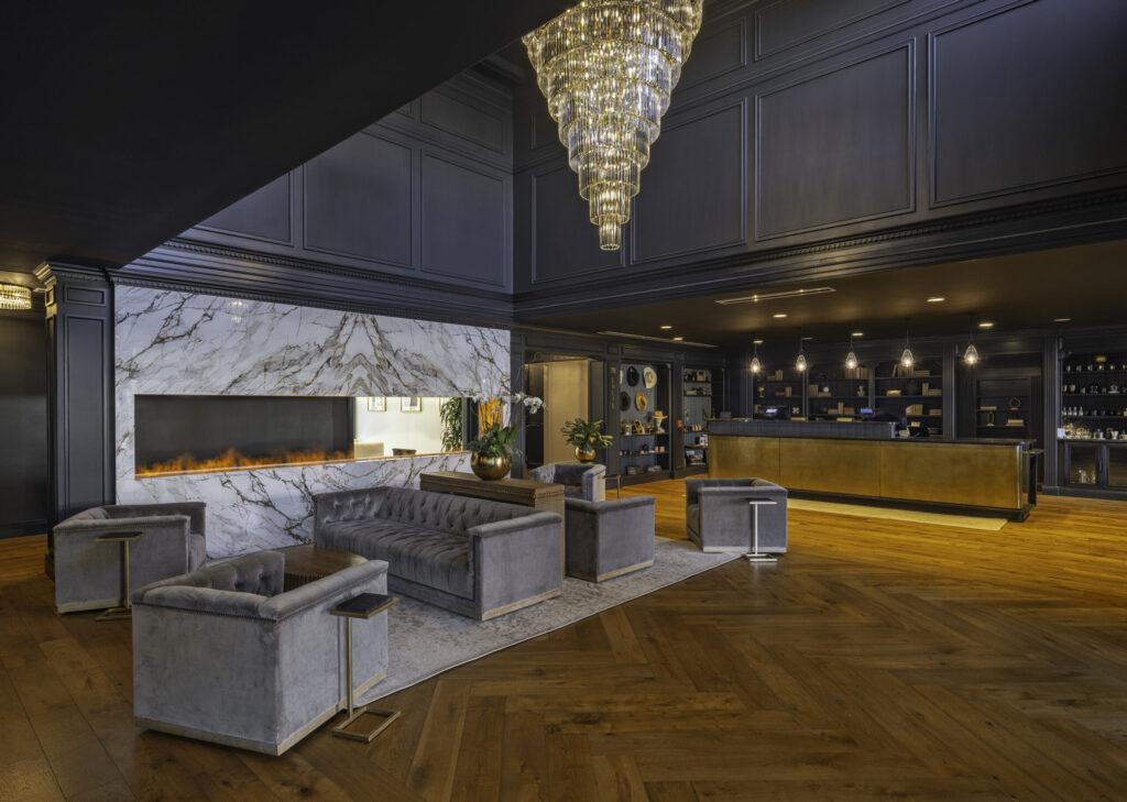 Lobby and reception area at The Publisher hotel in Fredericksburg