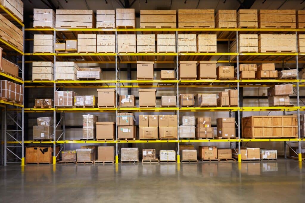 Warehouse racking with miscellaneous cartons and pallets